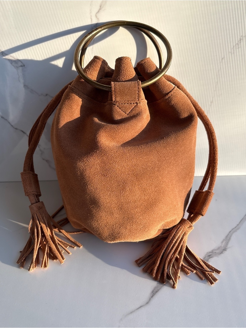 World Market Brown Suede Bucket Bag Metal Ring Handle Drawstring Leather Purse